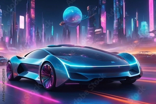 Fototapeta Futuristic autonomous car automobile digital cybernetic galactic galaxy metaverse neon city world space universe