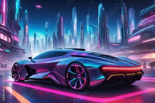 Fototapeta Futuristic autonomous car automobile digital cybernetic galactic galaxy metaverse neon city world space universe
