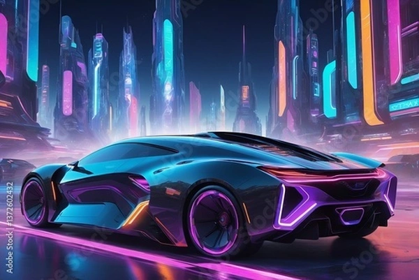 Fototapeta Futuristic autonomous car automobile digital cybernetic galactic galaxy metaverse neon city world space universe