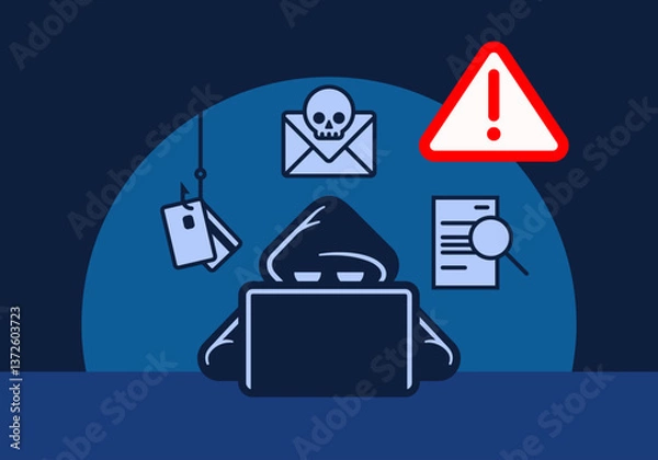 Fototapeta Hacker attack warning or hacking alert simplified vector illustration. Cyber criminal behind laptop computer surrounded by cybercrime icons.