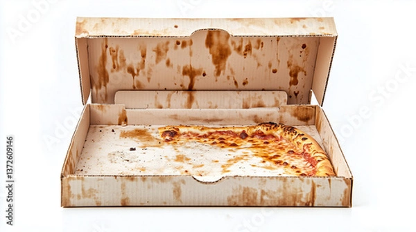 Obraz An empty pizza box sits with its lid gaping open, greasy fingerprints smudging the cardboard—a silent testament to indulgence.