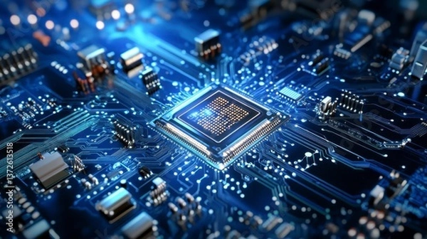 Fototapeta Close up view of a central processing unit (CPU) on a circuit board, glowing with blue light. Intricate details of the circuitry are visible.