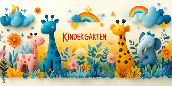 Obraz Abstract background. A delightful kindergarten-themed wallpaper featuring playful giraffes, elephants, clouds, rainbows, and flowers in soft pastel tones. Perfect for early childhood education