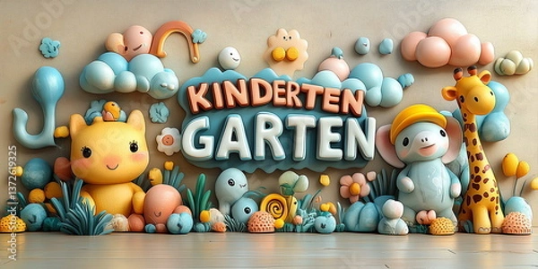 Obraz Abstract background. A delightful kindergarten-themed wallpaper featuring playful giraffes, elephants, clouds, rainbows, and flowers in soft pastel tones. Perfect for early childhood education