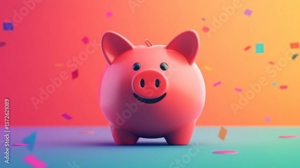 Fototapeta Playful piggy bank with a cheerful expression surrounded by colorful confetti on a vibrant gradient background, symbolizing savings and financial joy