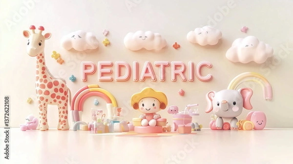 Obraz Abstract background. A cute pediatric-themed wallpaper with playful giraffes, elephants, colorful clouds, rainbows, and flowers in soft pastel tones. Cheerful design for hospital decor.
