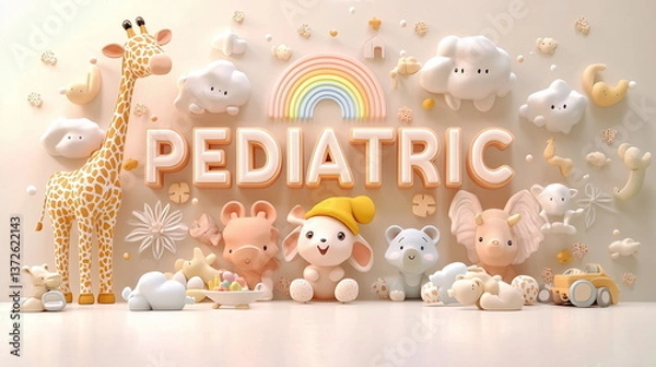 Obraz Abstract background. A cute pediatric-themed wallpaper with playful giraffes, elephants, colorful clouds, rainbows, and flowers in soft pastel tones. Cheerful design for hospital decor.