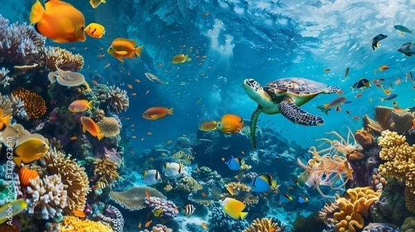 Obraz A massive coral reef teeming with exotic fish, sea turtles, and vibrant underwater plants