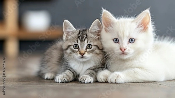 Fototapeta Two adorable kittens, one grey tabby and one fluffy white, cuddle together on a wooden floor. Soft, natural light illuminates the scene.