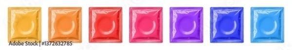 Fototapeta Rainbow condom wrapper packet transparent PNG set bundle, isolated background. Bright vibrant, vivid fun neon color. Colorful condoms, safe sex protection contraceptive, LGBT, LGBTQ+
