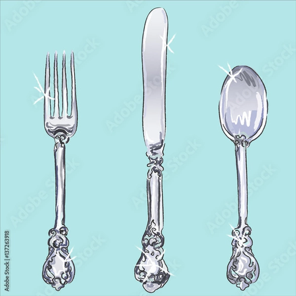 Fototapeta Silverware - fork, spoon, knife