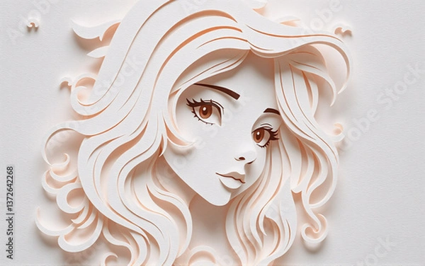 Fototapeta Elegant paper artwork of a woman's face. Minimalist and serene style with delicate layers and flowing lines in soft beige tones. Beautiful, crafted portrait.
