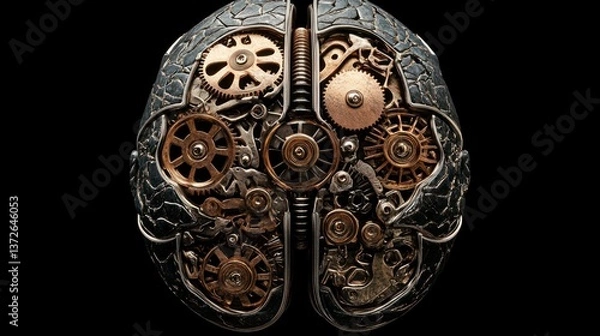 Obraz Mechanical Brain, Gears, Cogs, Abstract, Anatomy, Isolated, Dark Background, Conceptual