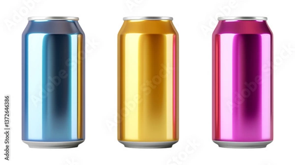 Fototapeta Cans Set in Three Different Poses on Transparent Background for Packaging Design, Food Branding, or Recycling Concepts
