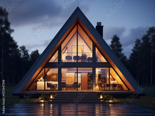 Obraz Flat design house with square windows and a triangle roof