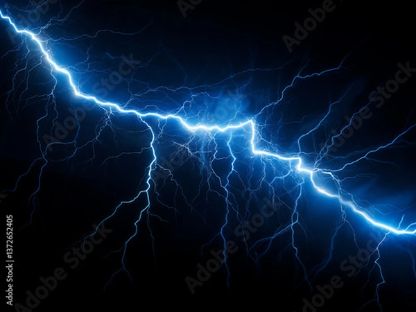 Fototapeta Zigzag-shaped geometric lightning with electric blue lighting on a dark background