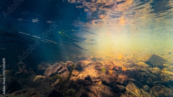 Fototapeta shallow river Buher in Lityn pollution, sun ray in low visibility dirty fast flow riverbed, surface wave reflection underwater, organic silt sediment substrate, pondweed in human garbage background