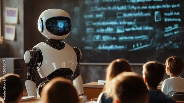Obraz Robot teacher lecturing children in classroom