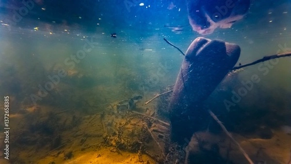 Fototapeta human brick garbage, pet bottle and tin can, low visibility dirty riverbed, surface reflection underwater, organic silt sediment substrate, shallow river Buher in Lityn pollution, elodea marsh plant
