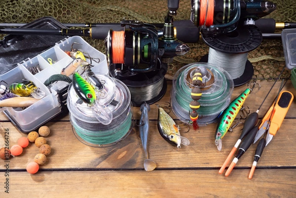 Fototapeta Sport fishing equipment on a table in a studio in a composition, against a wooden background and a fishing net.