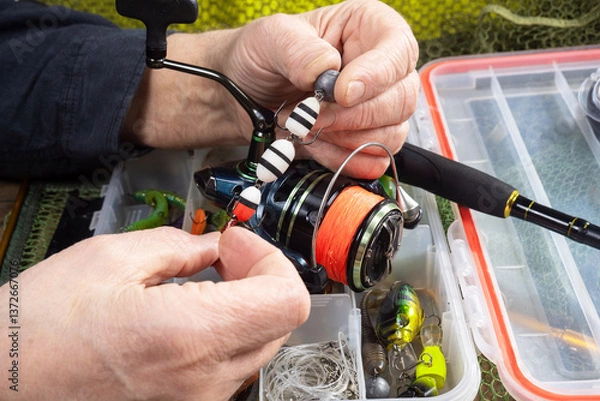 Fototapeta Sport fishing equipment on a table in a studio composition, against a background of a net. A fisherman's hands check the tackle for use.