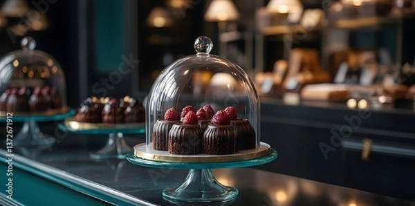 Fototapeta Elegant Chocolate Cakes Under Glass Domes Displayed In Upscale Bakery Setting