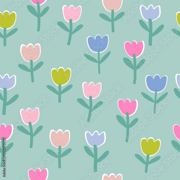 Obraz Seamless tulip pattern with pink, green, orange and blue tulips on a green background. Use for wallpaper, textile and print.