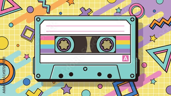 Obraz レトロなカセットテープとメンフィススタイル背景のベクターイラストレーション