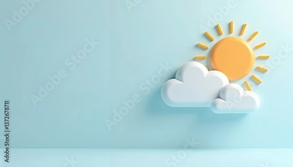 Fototapeta Modern flat UI design for weather app featuring sun and clouds in minimalist pastel colors
