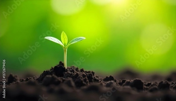 Fototapeta A close-up shot captures a young plant emerging from a mound of dark soil, set against a blurred background of green and yellow hues