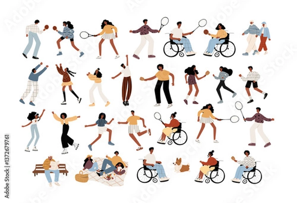 Fototapeta Collection of vector illustrations showcasing black people enjoying sports and leisure in city parks. Includes tennis, running, roller-skating, and more. Perfect for branding, web, and print projects.