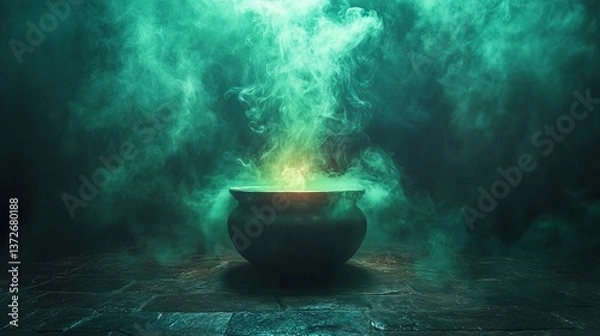 Fototapeta Witches Cauldron With Bubbling Potion. Fantasy Scene With Fog And Magic. Halloween Concept.