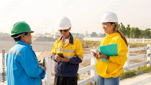 Fototapeta Construction Workers Discuss Project Updates at a Construction Site During Sunny Daytime