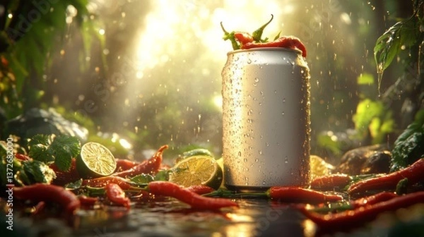 Obraz Refreshing beverage can surrounded by peppers and limes in nature