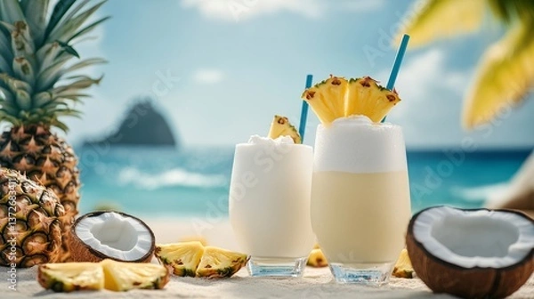 Fototapeta Two drinks with straws and a pile of coconuts on a beach. The drinks are in glasses and the coconuts are cut in half
