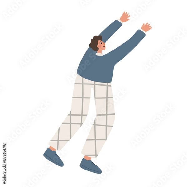 Fototapeta illustration of a person stretching. A person in a blue sweater and checkered pants raises their arms. Relaxing and warming up in an outdoor setting. Flat vector illustration.