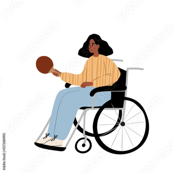 Fototapeta African American woman in a wheelchair playing paddle tennis. She wears a yellow sweater and blue pants. She holds a paddle and prepares to strike. Flat vector illustration.