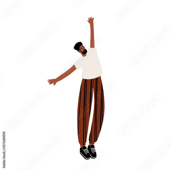 Fototapeta illustration of a person stretching with arms raised. A black young man in a white t-shirt and striped pants stands with his arms up. Relaxing and warming up for exercise. Flat vector illustration.