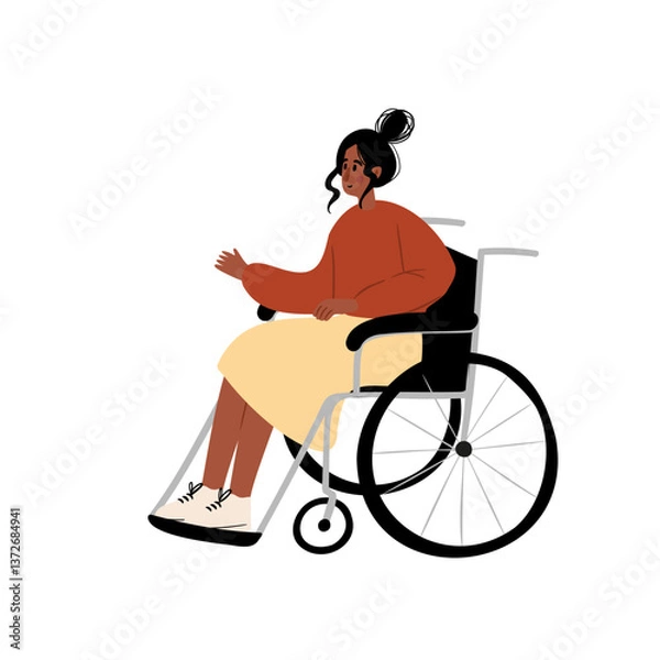 Fototapeta African American woman in a wheelchair enjoying the park. A young woman in a brown sweater and jeans moves forward. Inclusive and relaxing outdoor scene. Flat vector illustration.