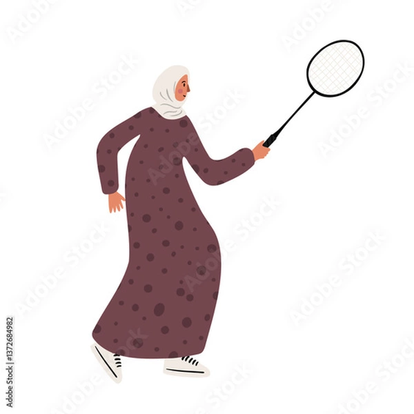 Fototapeta Illustration of a woman in a hijab playing badminton. She wears a long purple dress with a floral pattern and sneakers. She holds a racket mid-game. Flat vector illustration.