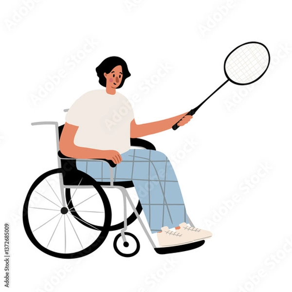 Fototapeta Illustration of a young man playing badminton in a wheelchair. He wears a white t-shirt, blue plaid pants, and sneakers. He holds a racket in a ready position. Flat vector illustration.