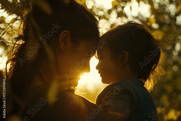 Obraz silhouette of a child and mother in a park