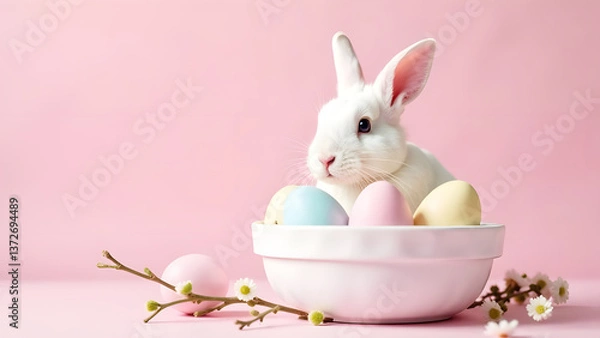 Fototapeta light Easter bunny on a light background with Easter eggs as a background for the Easter holiday