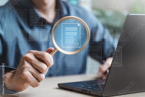 Fototapeta Document evaluation inspect. Contract agreement audit. Assessment survey evaluation check.