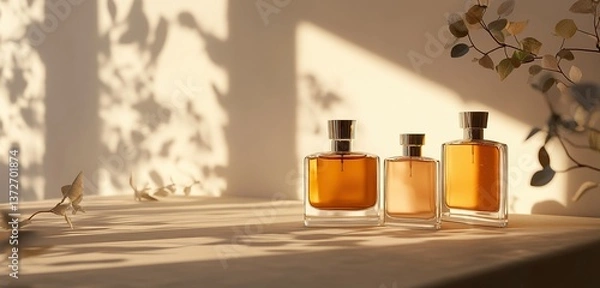 Obraz Elegant fragrance bottles in sunlight against a neutral backdrop with leaf shadows and a plant accent.