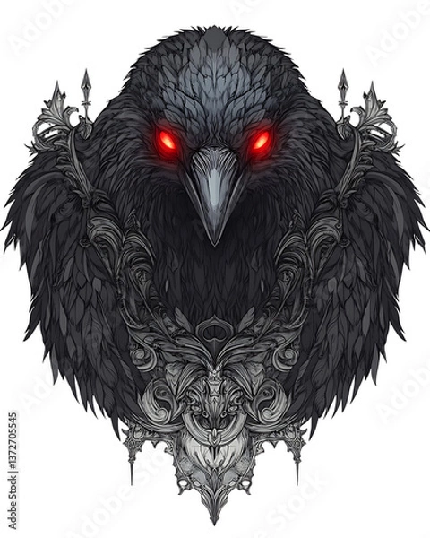 Fototapeta A dark 2D vector illustration of a gothic raven perched atop a twisted branch with ornate feathers and piercing eyes