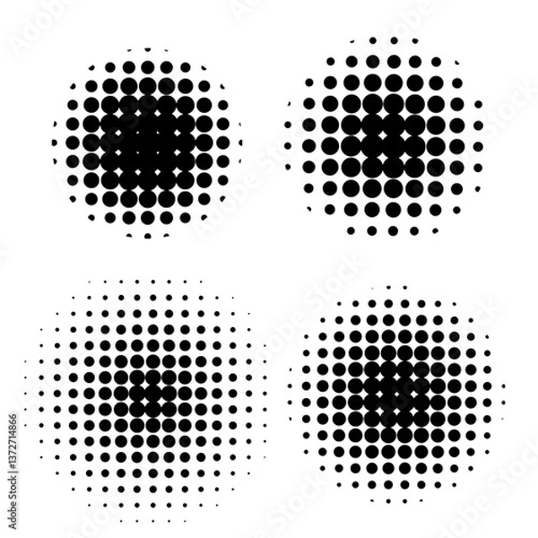 Fototapeta Set of retro halftone circles. Black halftone dots backgrounds. Vector retro vintage old comic dots halftone noise, arts. Spray points grain, grunge effect