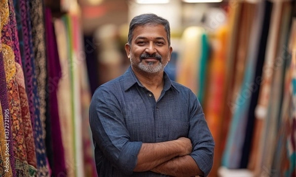 Fototapeta smiling indian man fabric vendor standing with arms crossed in textile shop. small business owner from india in marketplace selling colorful fabrics for clothing material.