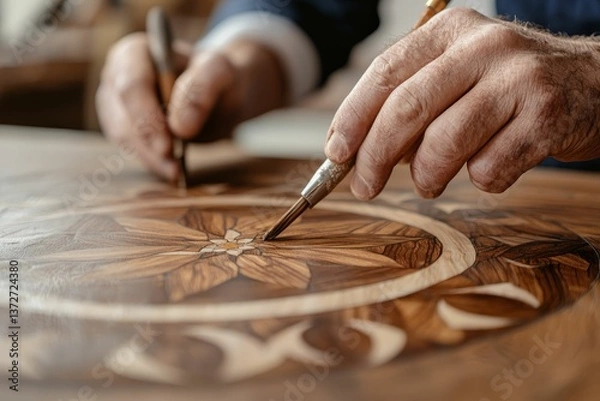 Obraz A craftsman meticulously inlays a wooden surface, showcasing skilled artistry and intricate patterns in woodworking.