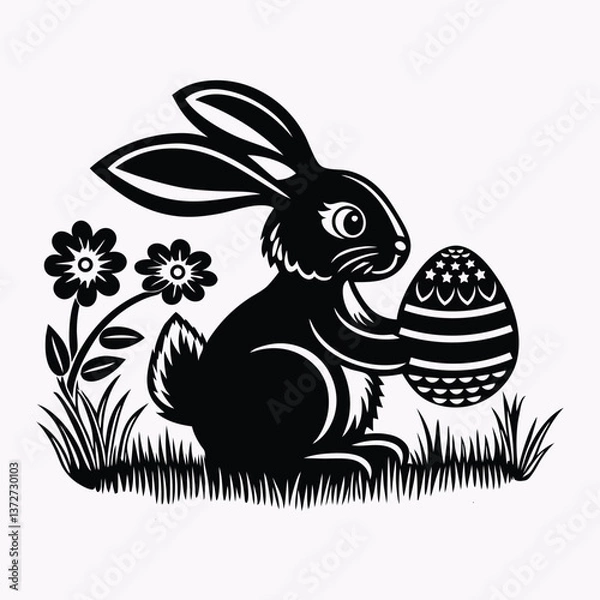Fototapeta Flat Vector of Easter Bunny With Easter Egg, Happy Easter Silhouette